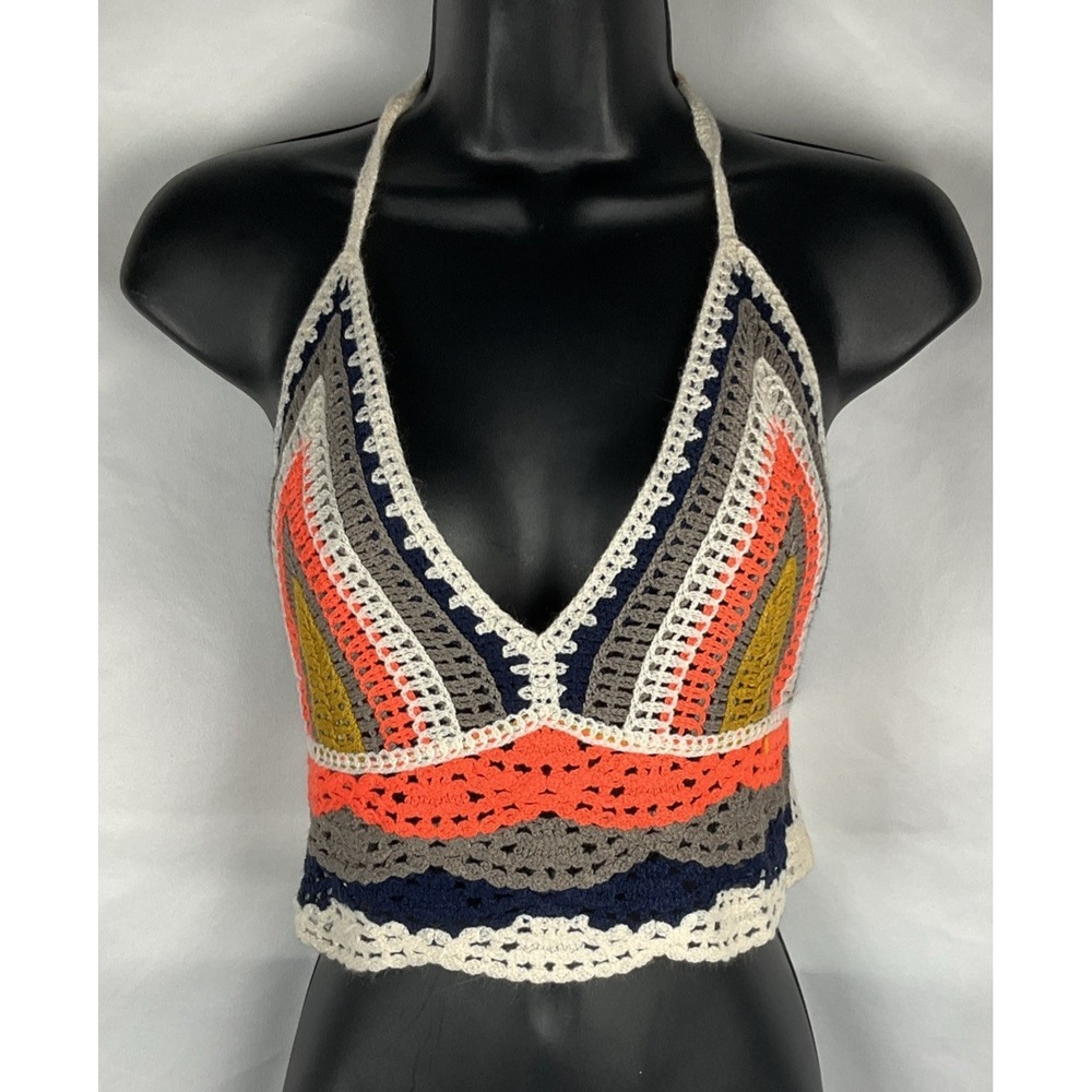 G&D Women's Medium Crocheted Colorful V Neck Halter Tie Back Top Summer Beach